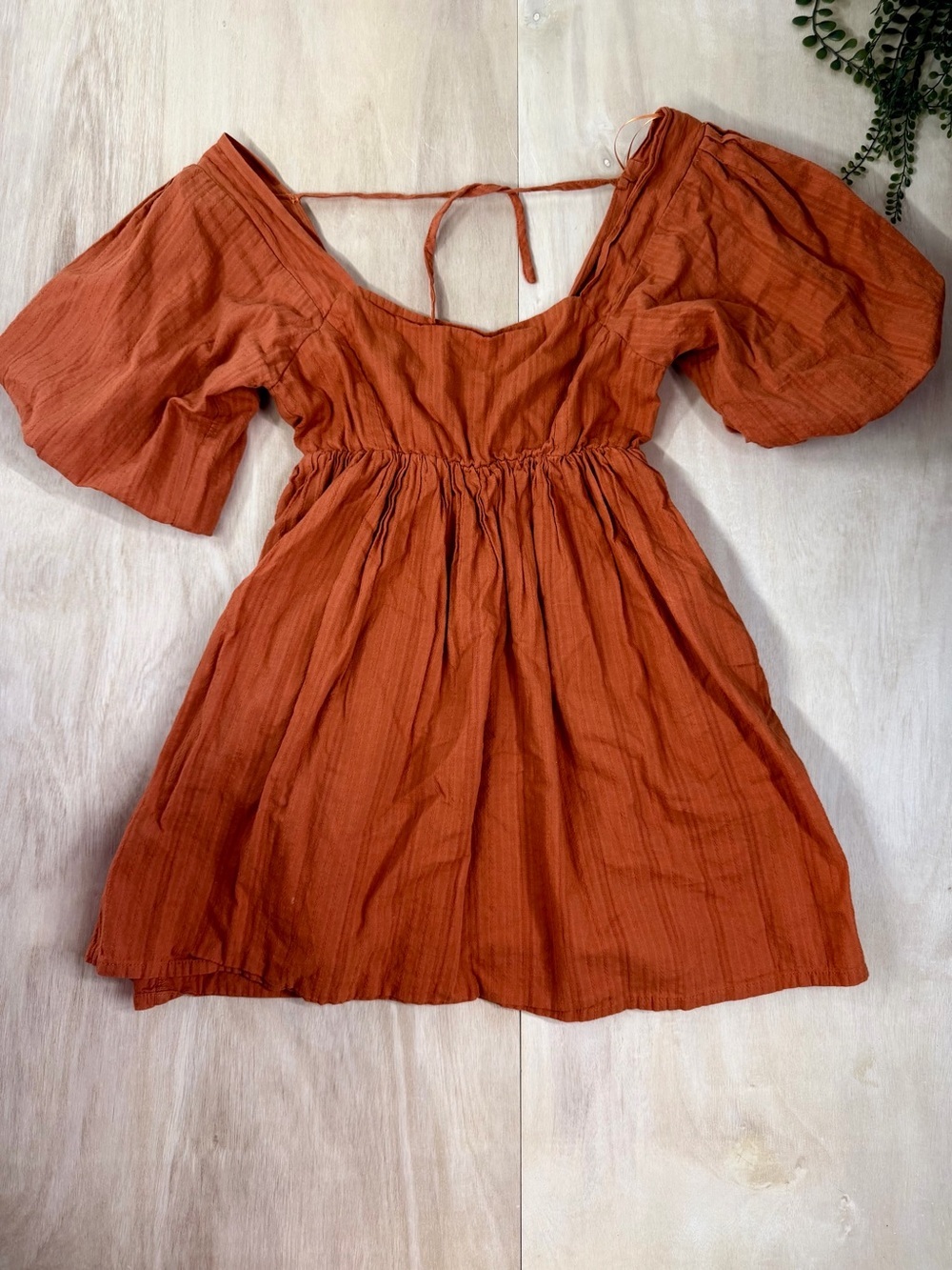 Marble 100% Cotton Rust Orange Puff Sleeve Mini Dress - Size S baby doll